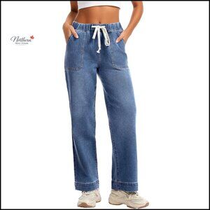 High Waisted Straight Leg Pull-On Jeans Stretch Elastic Waist